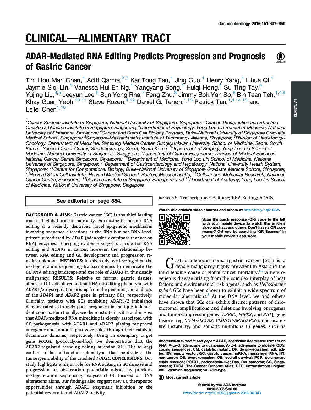 ADAR-Mediated RNA Editing Predicts Progression and Prognosis of Gastric Cancer