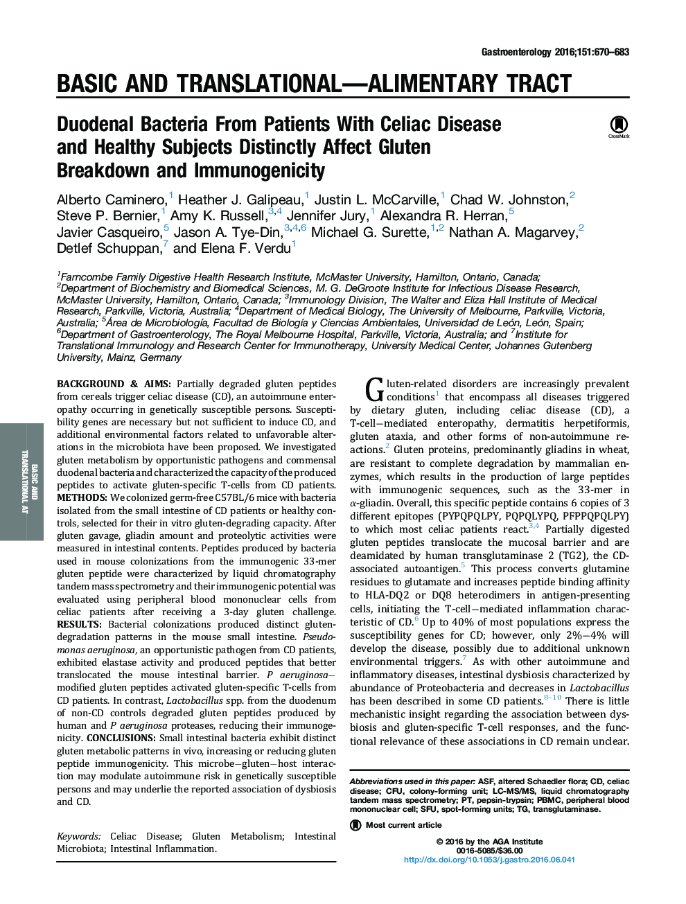 Duodenal Bacteria From Patients With Celiac Disease and Healthy Subjects Distinctly Affect Gluten Breakdown and Immunogenicity 