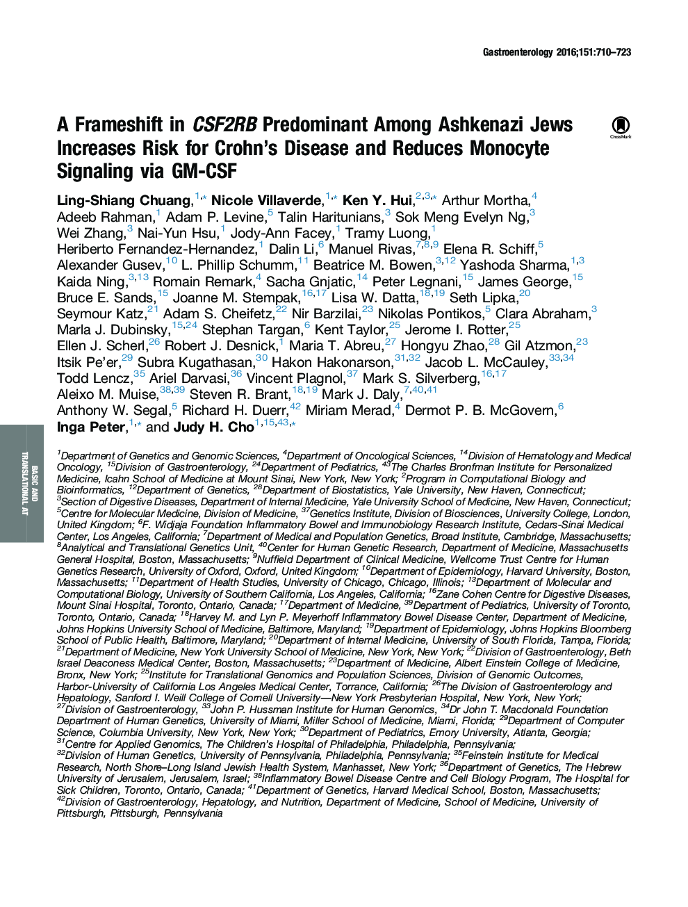 A Frameshift in CSF2RB Predominant Among Ashkenazi Jews Increases Risk for Crohn's Disease and Reduces Monocyte Signaling via GM-CSF