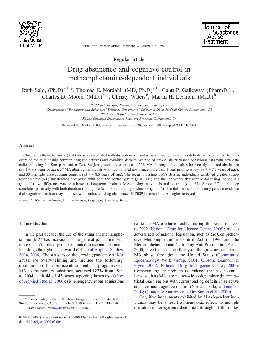 Drug abstinence and cognitive control in methamphetamine-dependent individuals