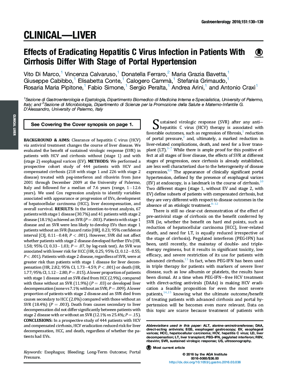 Effects of Eradicating Hepatitis C Virus Infection in Patients With Cirrhosis Differ With Stage of Portal Hypertension