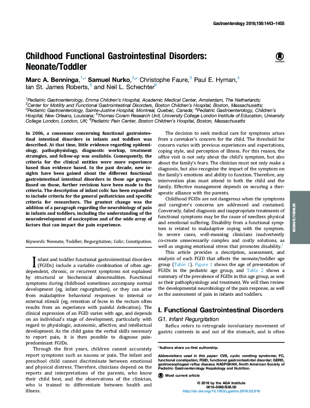 Childhood Functional Gastrointestinal Disorders: Neonate/Toddler