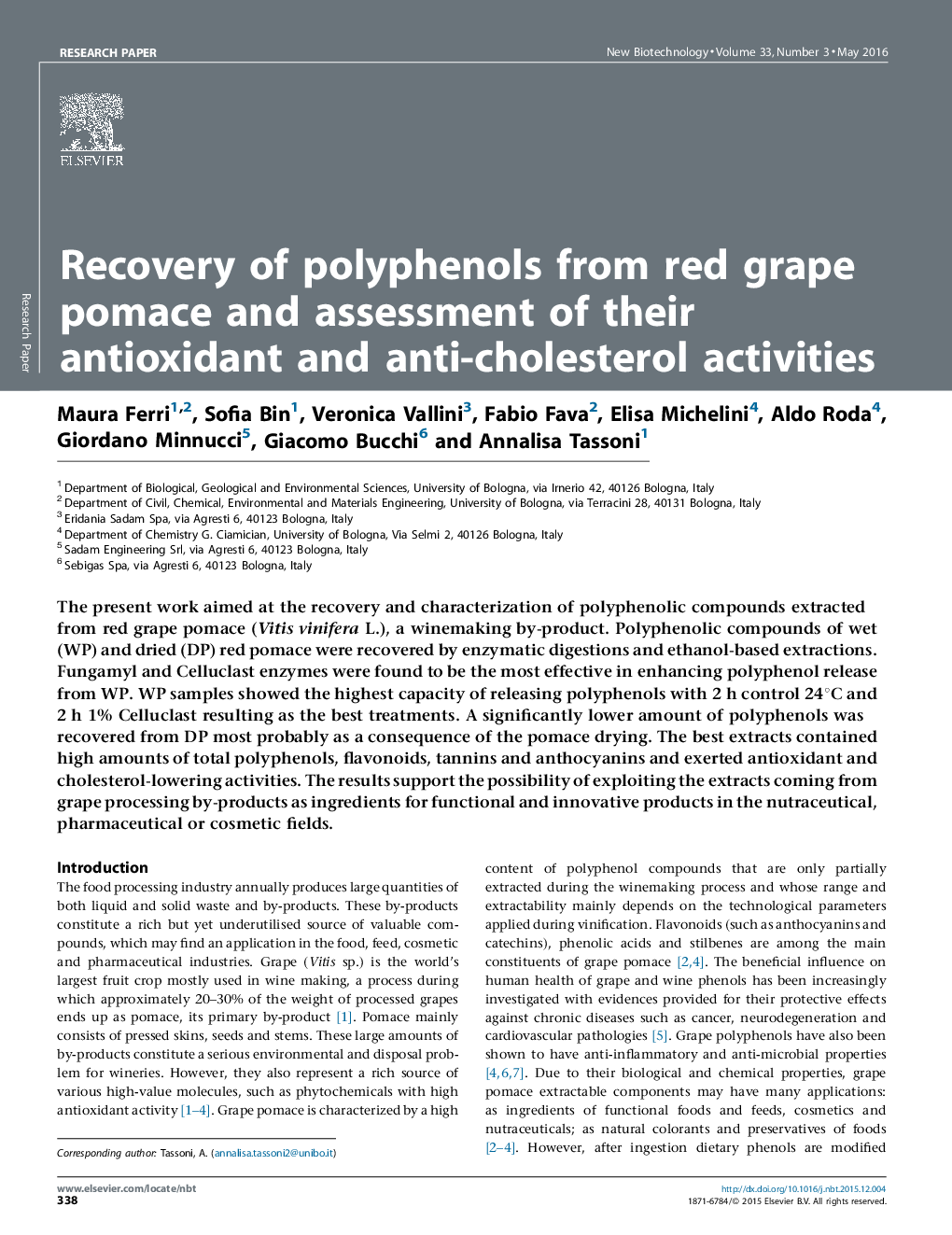 Recovery of polyphenols from red grape pomace and assessment of their antioxidant and anti-cholesterol activities