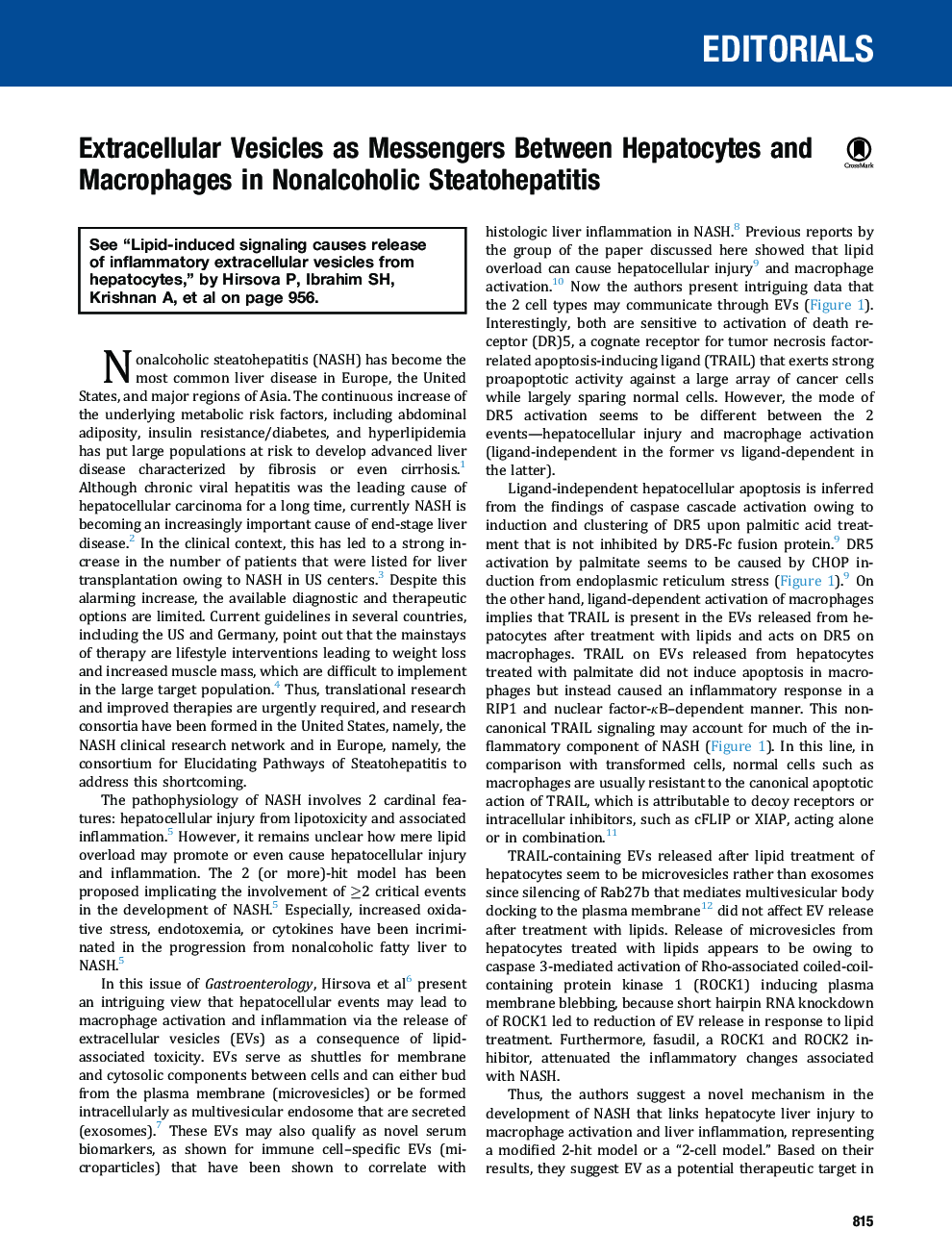 عکس صفحه اول مقاله: Extracellular Vesicles as Messengers Between Hepatocytes and Macrophages in Nonalcoholic Steatohepatitis Extracellular Vesicles as Messengers Between Hepatocytes and Macrophages in Nonalcoholic Steatohepatitis