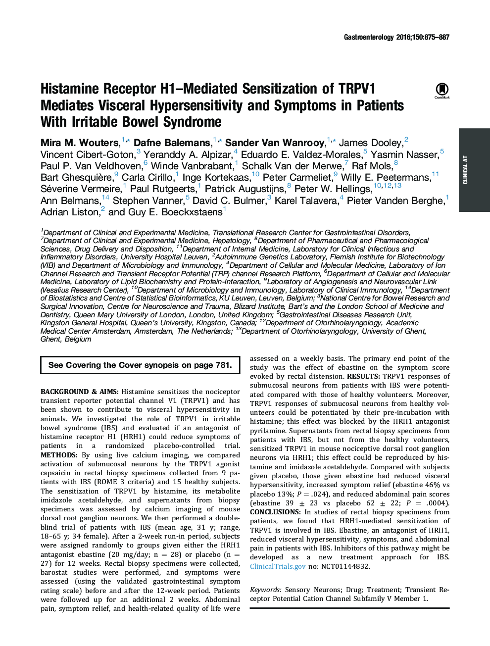 Histamine Receptor H1-Mediated Sensitization of TRPV1 Mediates Visceral Hypersensitivity and Symptoms in Patients With Irritable Bowel Syndrome