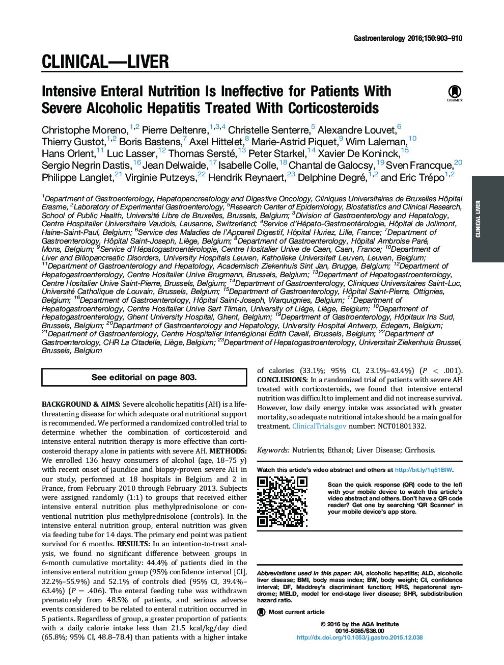 Intensive Enteral Nutrition Is Ineffective for Patients With Severe Alcoholic Hepatitis Treated With Corticosteroids