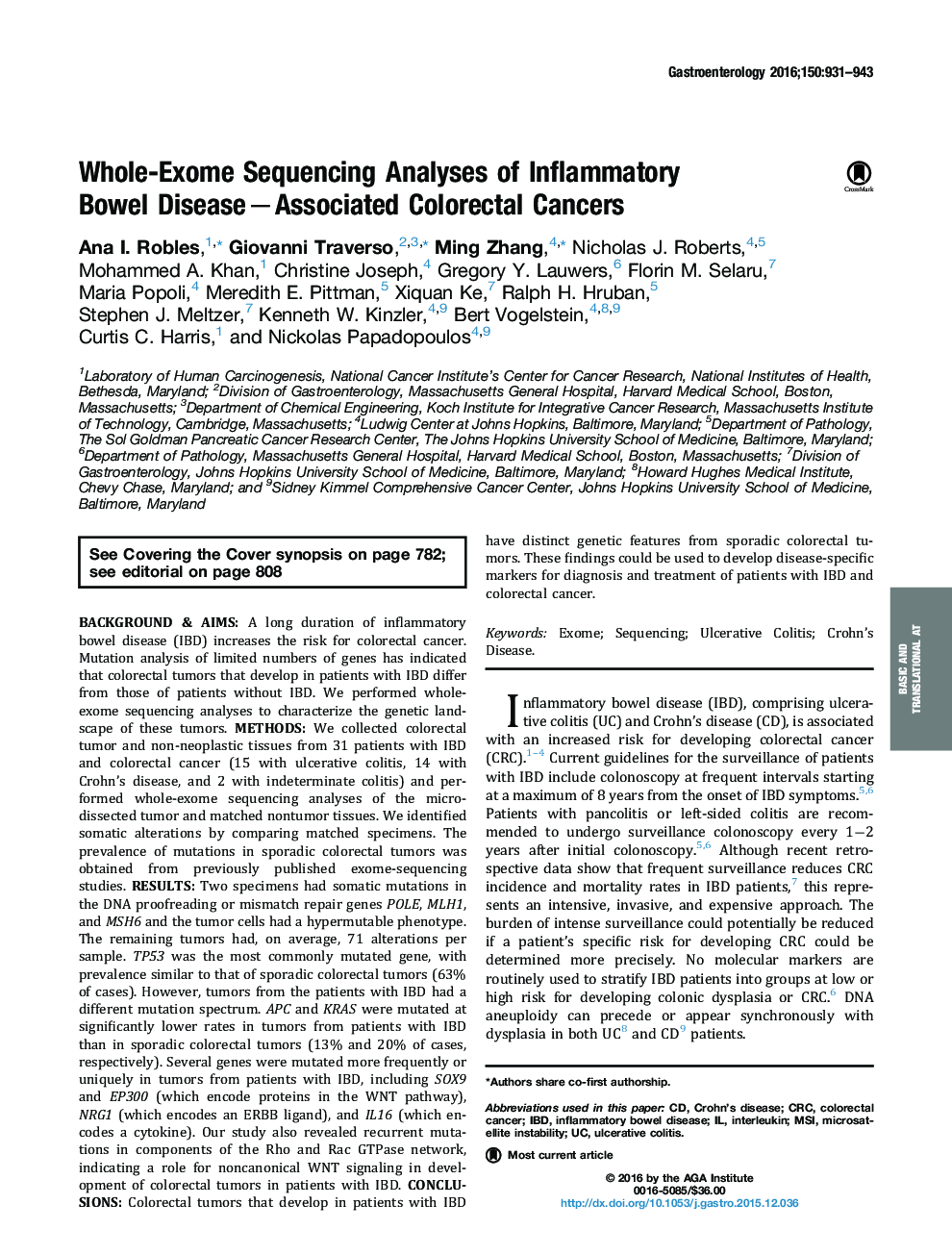 Whole-Exome Sequencing Analyses of Inflammatory Bowel Disease−Associated Colorectal Cancers 