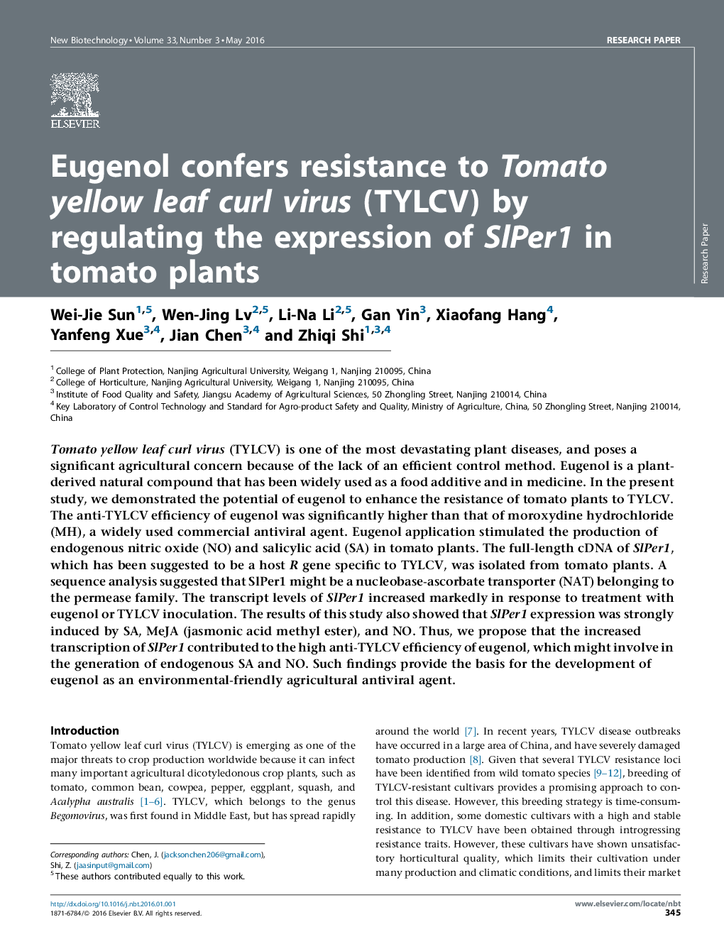 Eugenol confers resistance to Tomato yellow leaf curl virus (TYLCV) by regulating the expression of SlPer1 in tomato plants