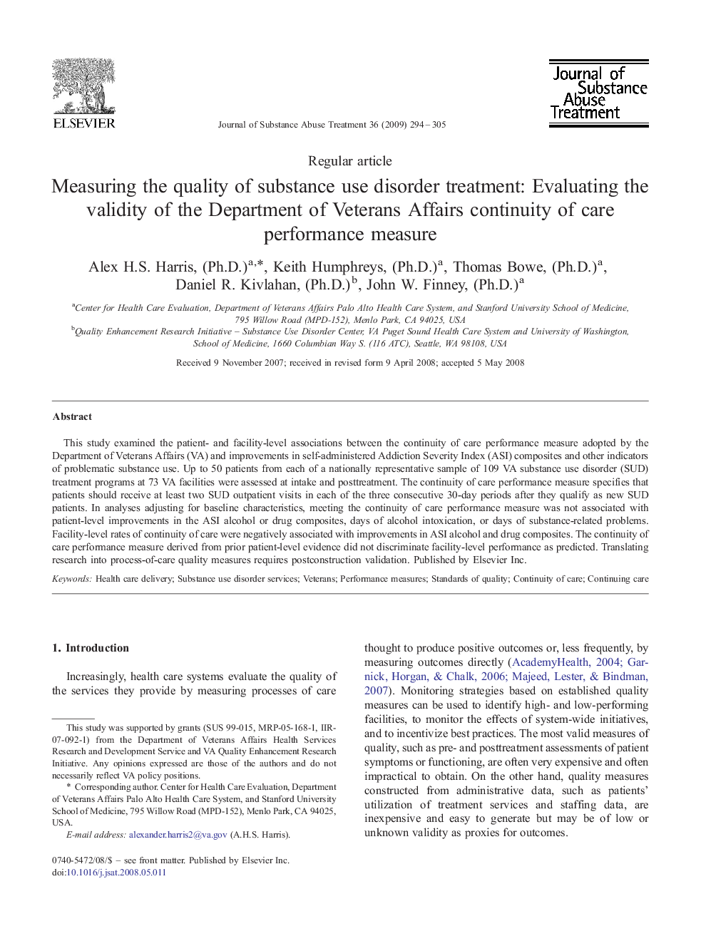 Measuring the quality of substance use disorder treatment: Evaluating the validity of the Department of Veterans Affairs continuity of care performance measure 