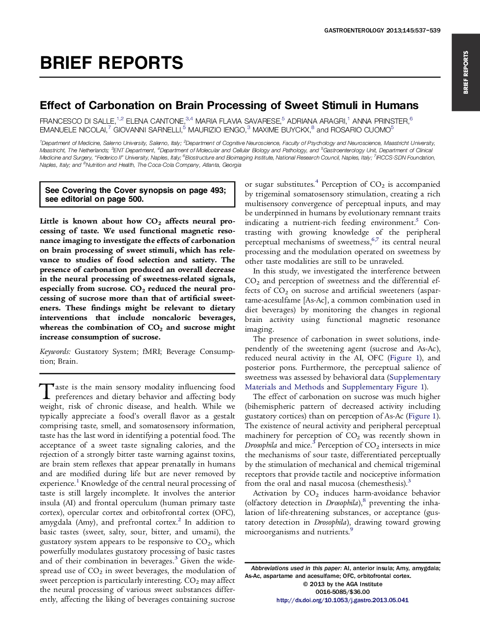 Effect of Carbonation on Brain Processing of Sweet Stimuli in Humans