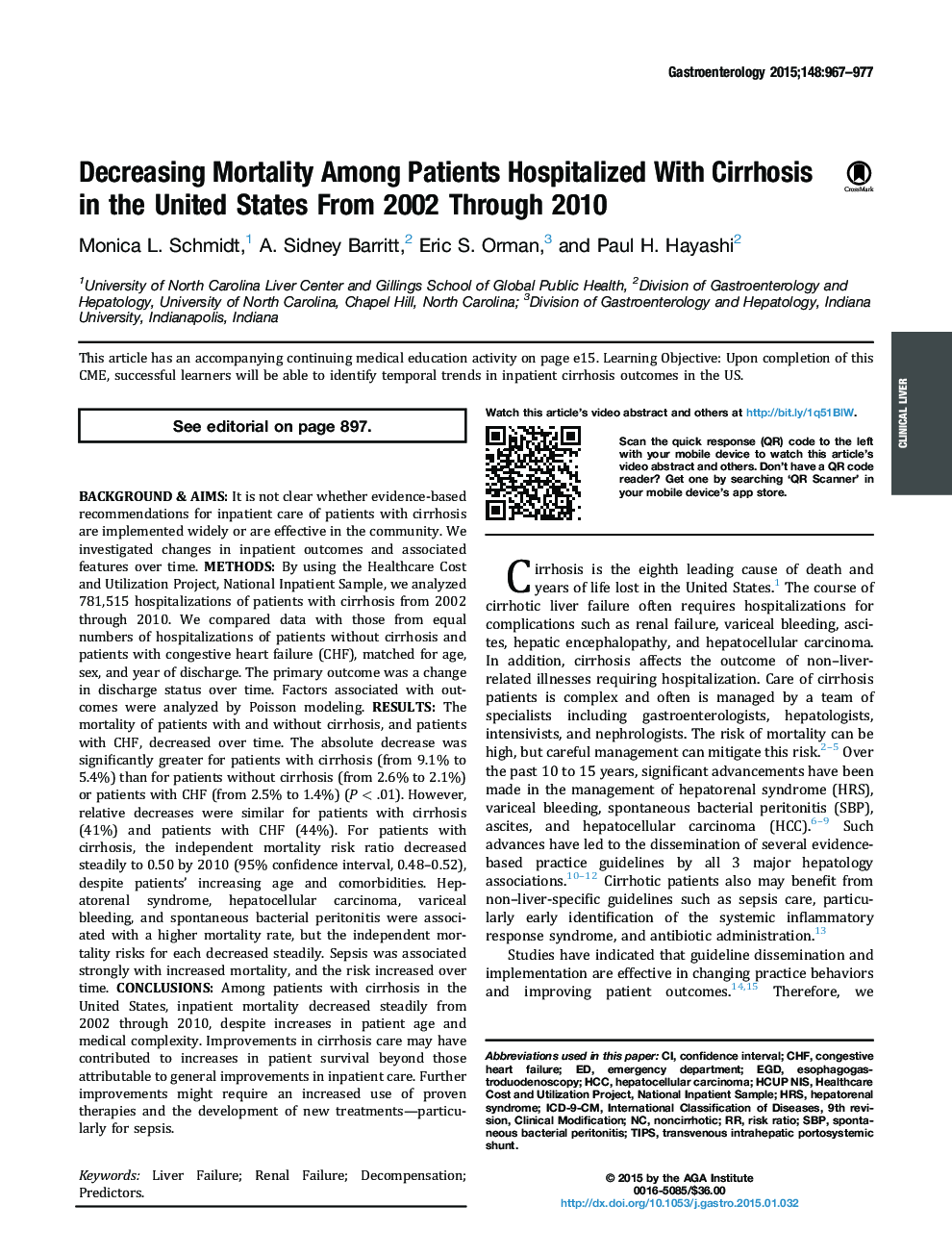 Decreasing Mortality Among Patients Hospitalized With Cirrhosis in the United States From 2002 Through 2010