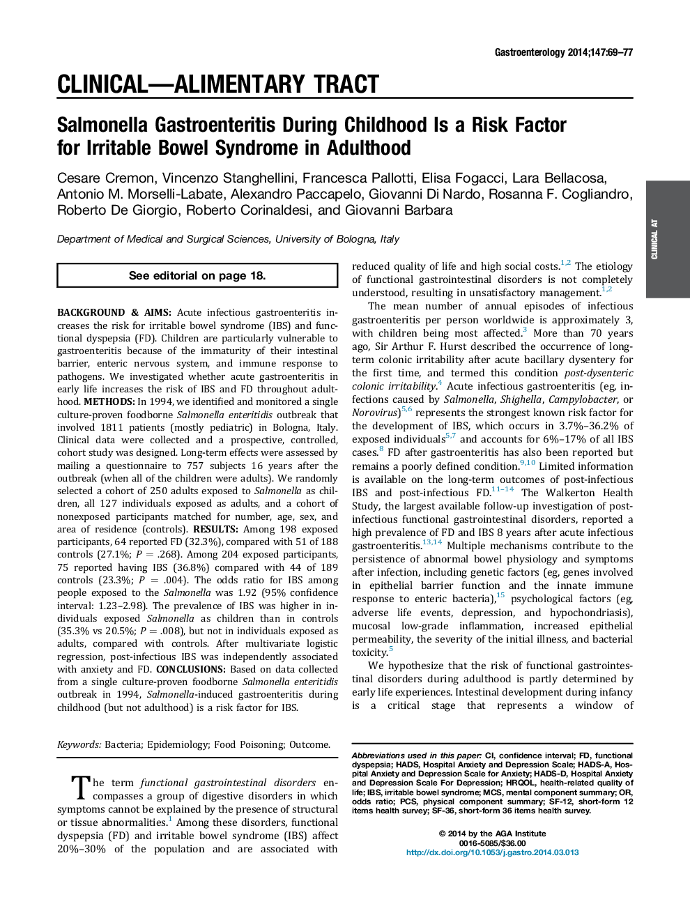 گاستروانتریت سالمونلا در دوران کودکی عامل خطر برای سندرم روده تحریک پذیر در بزرگسالان است 