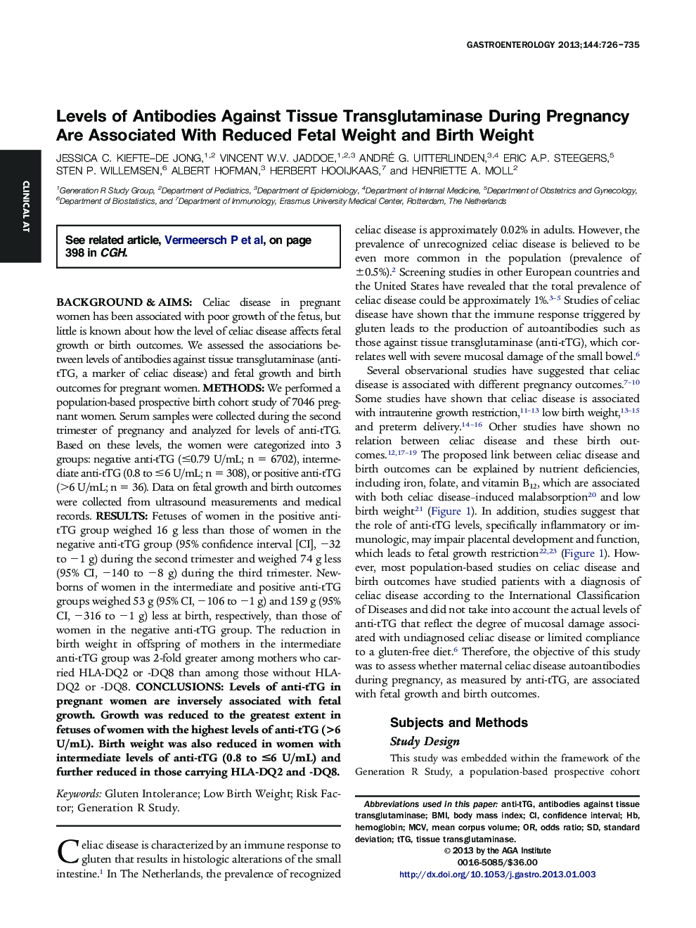 Levels of Antibodies Against Tissue Transglutaminase During Pregnancy Are Associated With Reduced Fetal Weight and Birth Weight