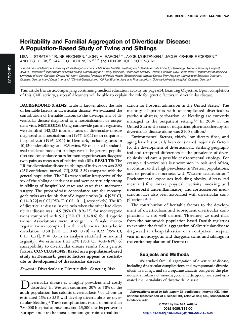 Heritability and Familial Aggregation of Diverticular Disease: A Population-Based Study of Twins and Siblings