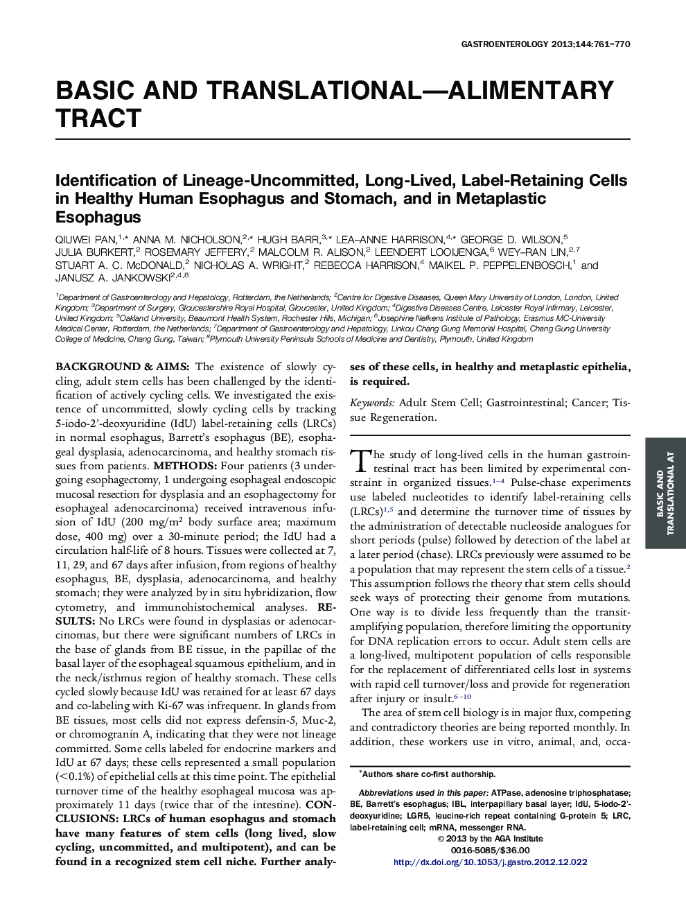 Identification of Lineage-Uncommitted, Long-Lived, Label-Retaining Cells in Healthy Human Esophagus and Stomach, and in Metaplastic Esophagus 