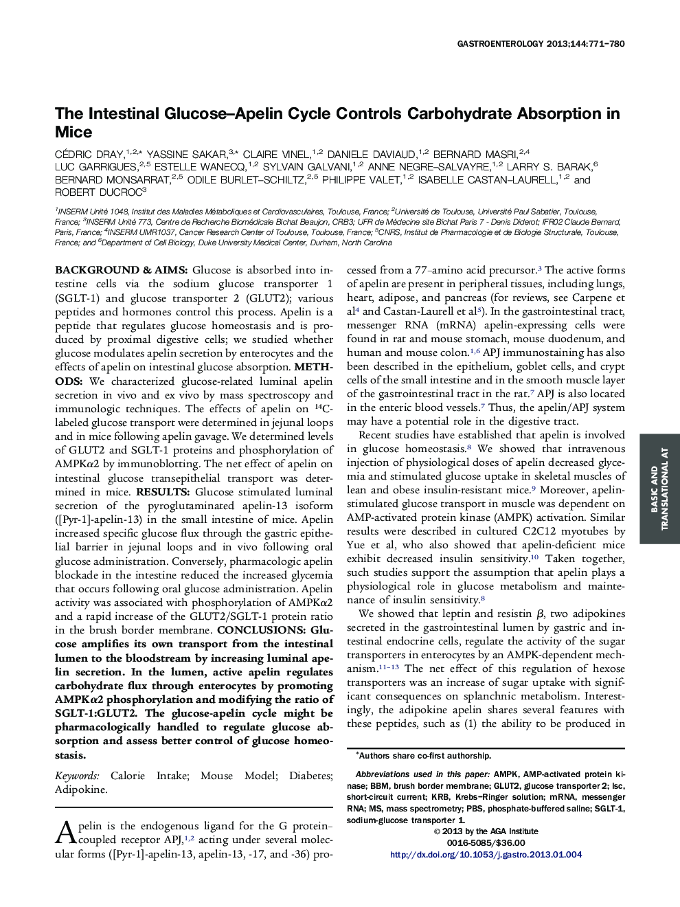 The Intestinal Glucose–Apelin Cycle Controls Carbohydrate Absorption in Mice 