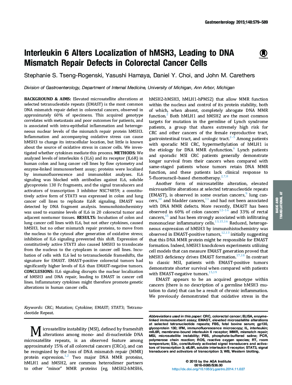 Interleukin 6 Alters Localization of hMSH3, Leading to DNA Mismatch Repair Defects in Colorectal Cancer Cells 