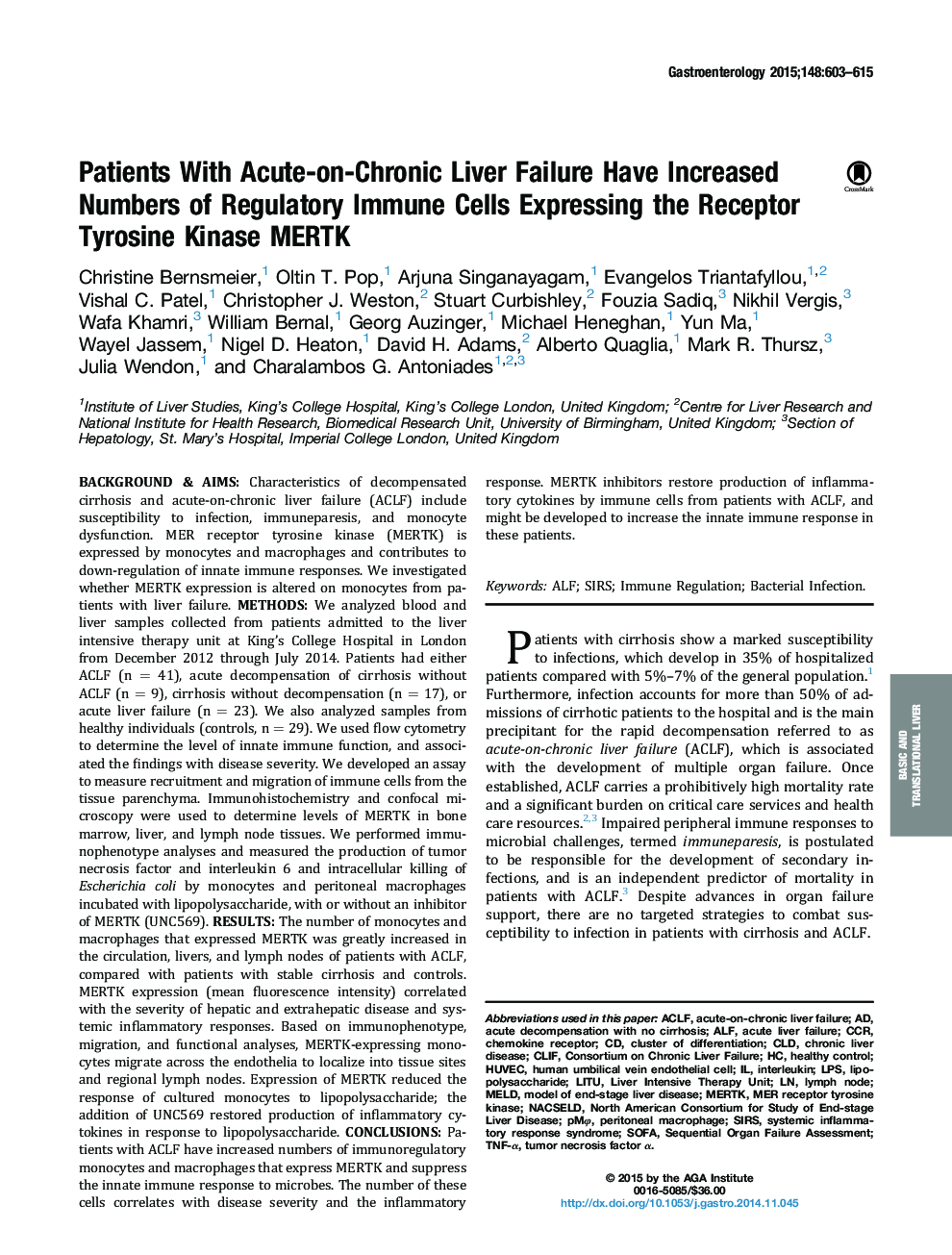 Patients With Acute-on-Chronic Liver Failure Have Increased Numbers of Regulatory Immune Cells Expressing the Receptor Tyrosine Kinase MERTK
