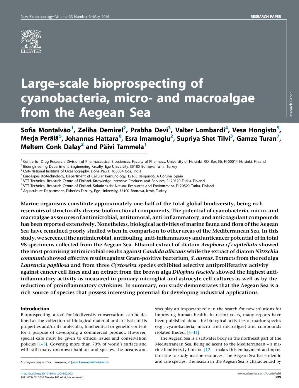 Large-scale bioprospecting of cyanobacteria, micro- and macroalgae from the Aegean Sea