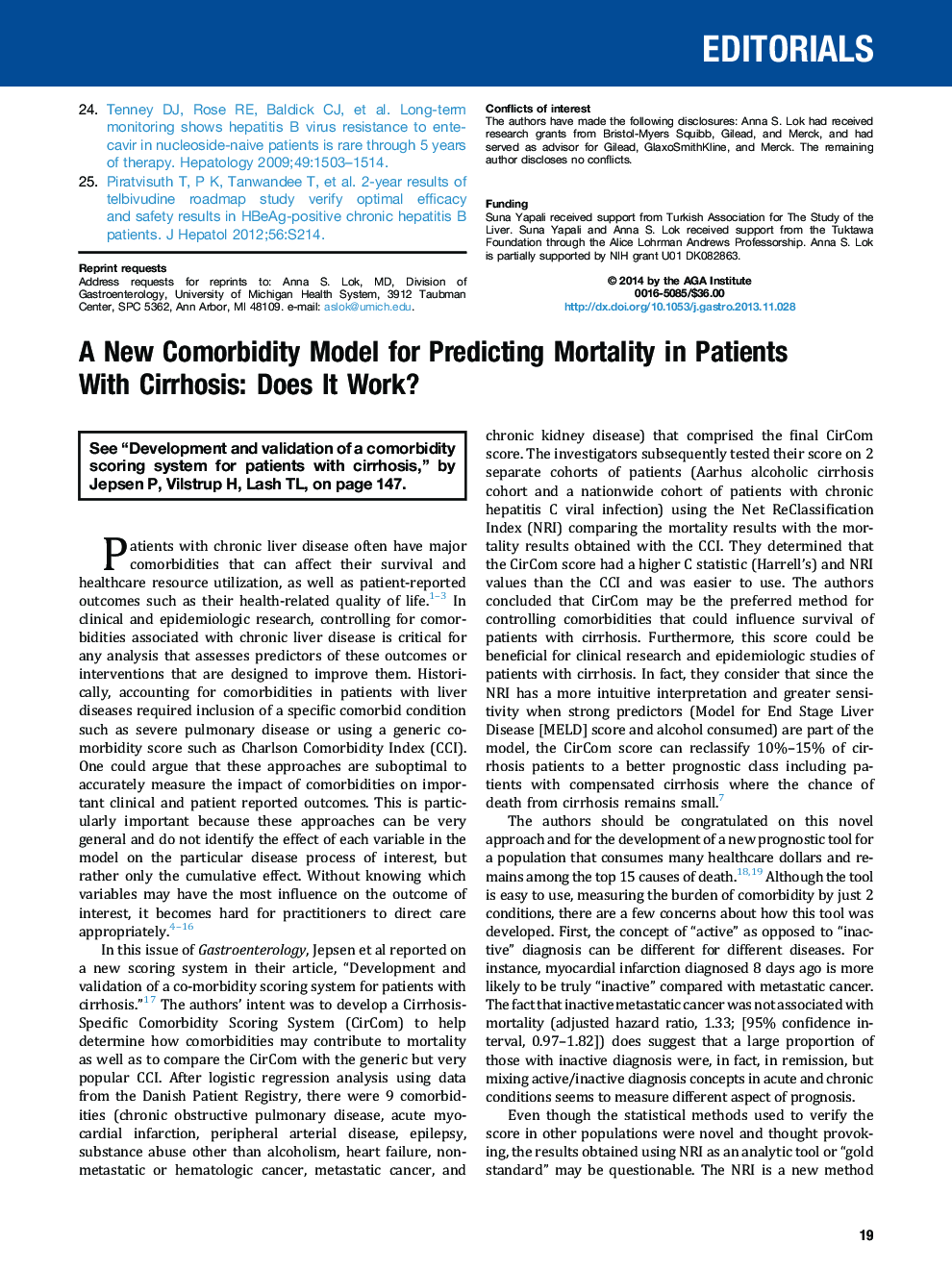 A New Comorbidity Model for Predicting Mortality in Patients With Cirrhosis: Does It Work?