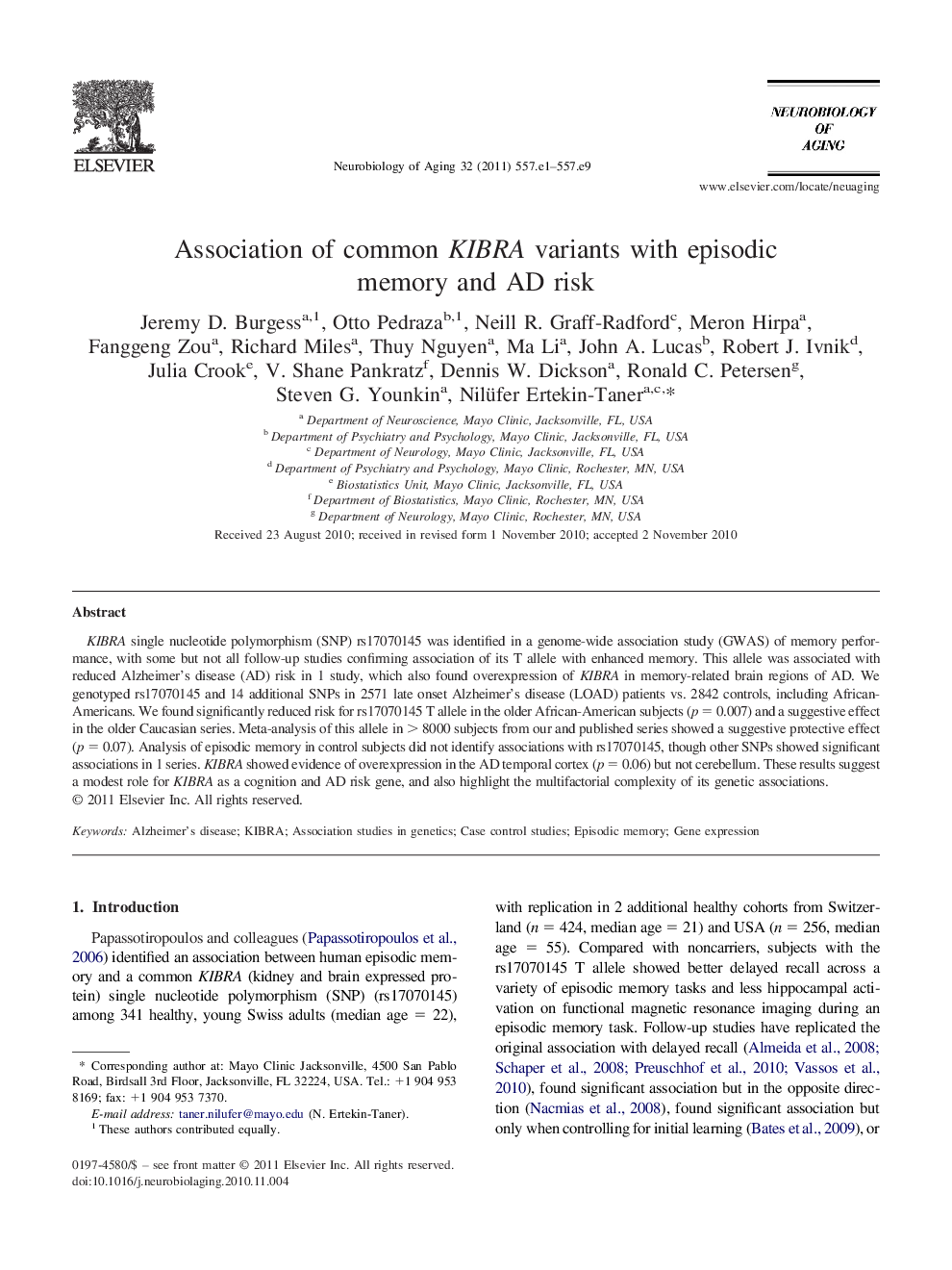 Association of common KIBRA variants with episodic memory and AD risk