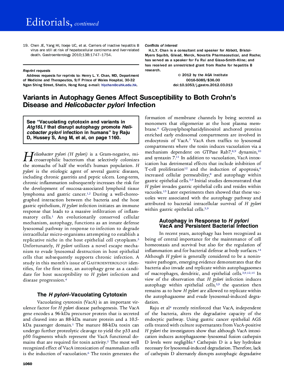 Variants in Autophagy Genes Affect Susceptibility to Both Crohn's Disease and Helicobacter pylori Infection