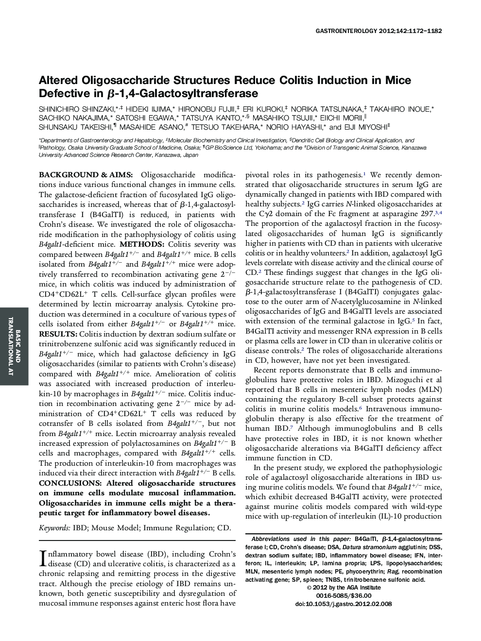 Altered Oligosaccharide Structures Reduce Colitis Induction in Mice Defective in Î²-1,4-Galactosyltransferase