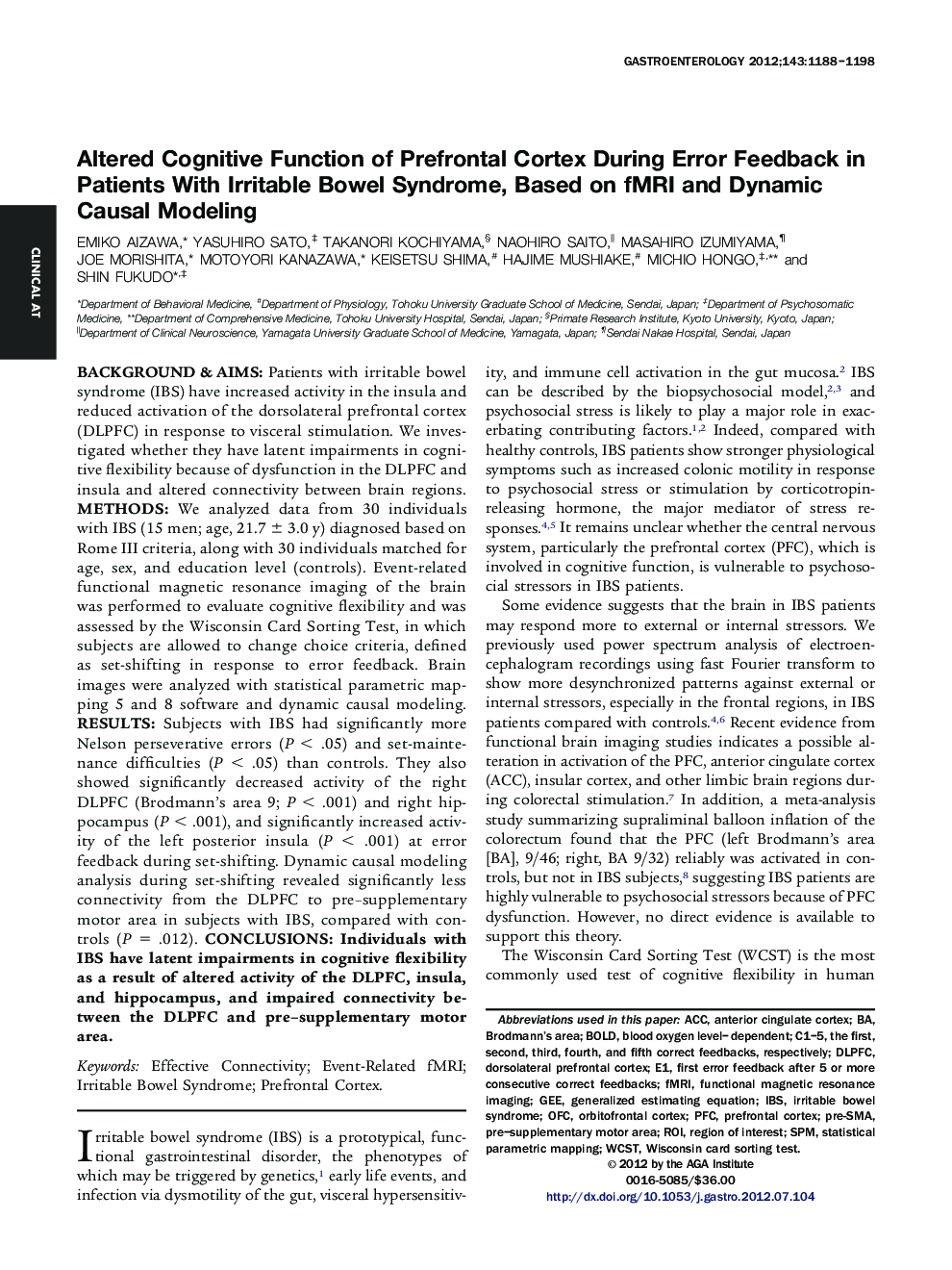 Altered Cognitive Function of Prefrontal Cortex During Error Feedback in Patients With Irritable Bowel Syndrome, Based on fMRI and Dynamic Causal Modeling 