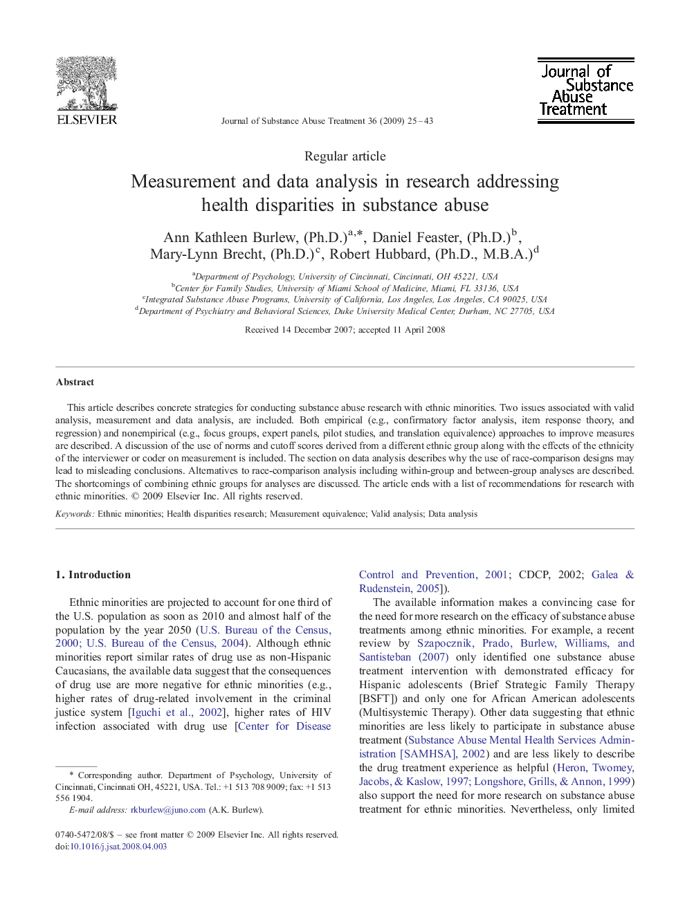 Measurement and data analysis in research addressing health disparities in substance abuse