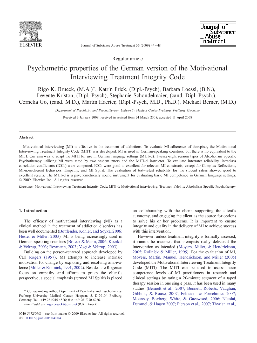 Psychometric properties of the German version of the Motivational Interviewing Treatment Integrity Code