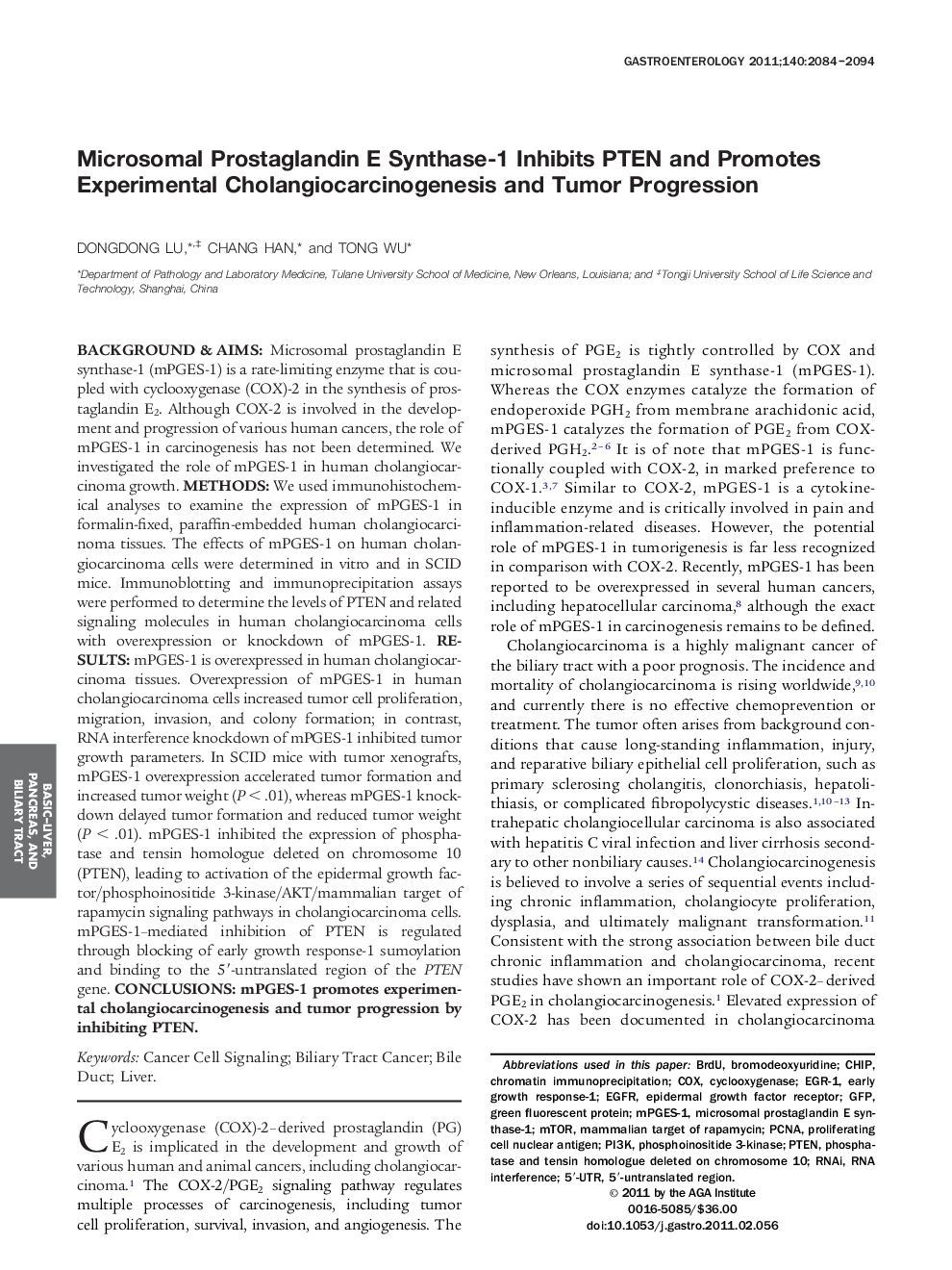 Microsomal Prostaglandin E Synthase-1 Inhibits PTEN and Promotes Experimental Cholangiocarcinogenesis and Tumor Progression 