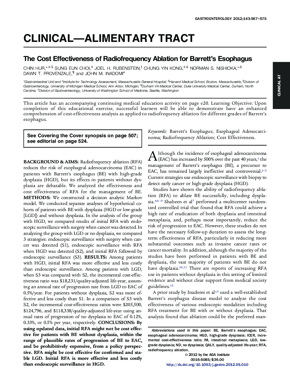 The Cost Effectiveness of Radiofrequency Ablation for Barrett's Esophagus 