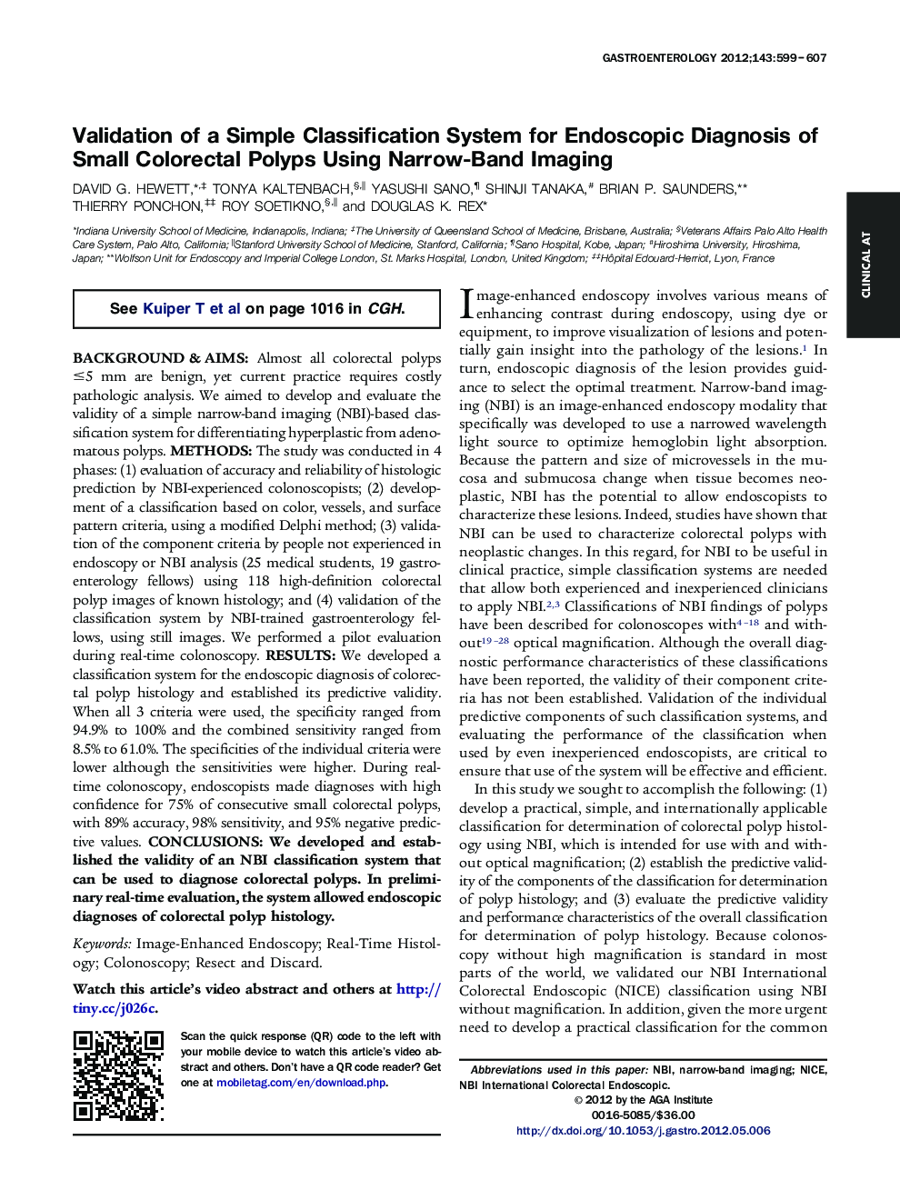 Validation of a Simple Classification System for Endoscopic Diagnosis of Small Colorectal Polyps Using Narrow-Band Imaging