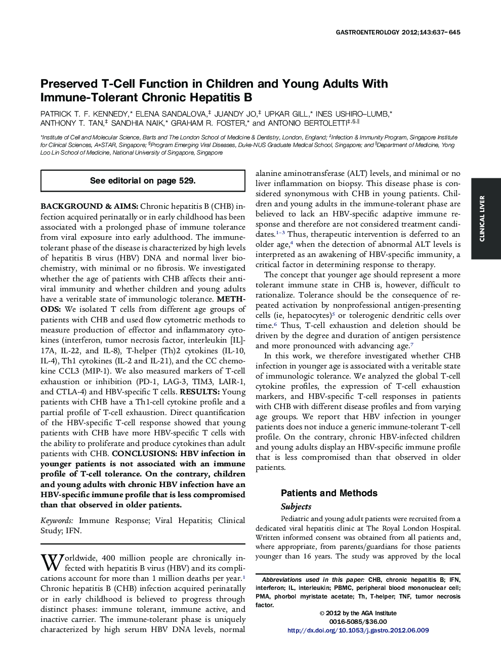 Preserved T-Cell Function in Children and Young Adults With Immune-Tolerant Chronic Hepatitis B 