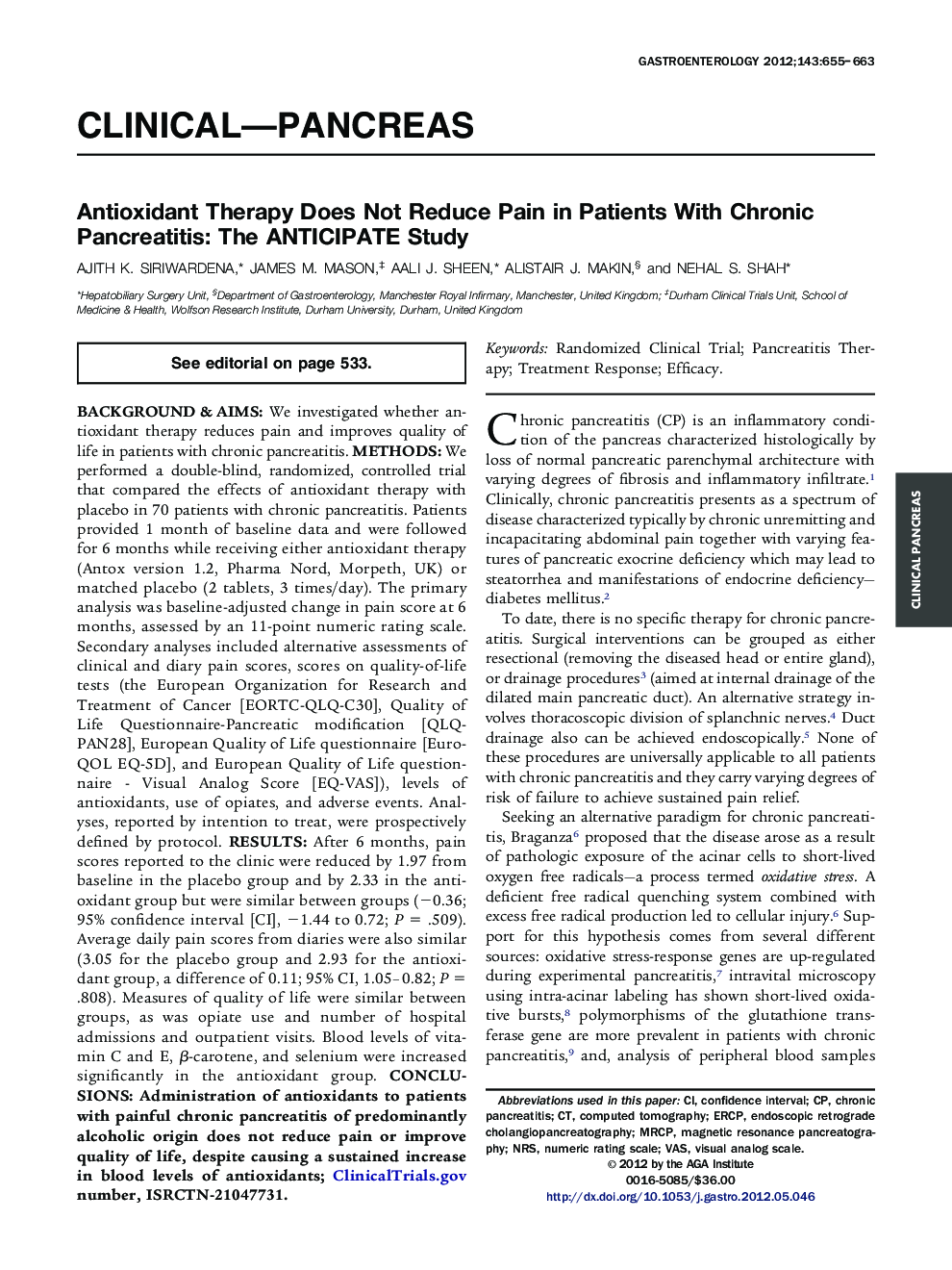 Antioxidant Therapy Does Not Reduce Pain in Patients With Chronic Pancreatitis: The ANTICIPATE Study