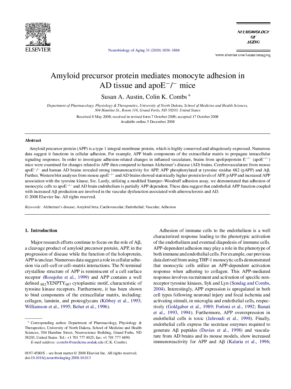 Amyloid precursor protein mediates monocyte adhesion in AD tissue and apoE−/− mice