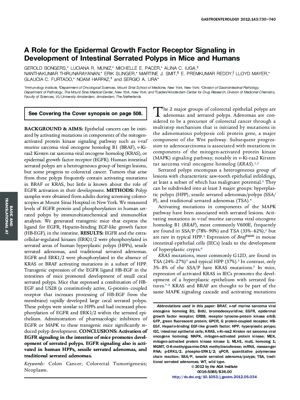 A Role for the Epidermal Growth Factor Receptor Signaling in Development of Intestinal Serrated Polyps in Mice and Humans 