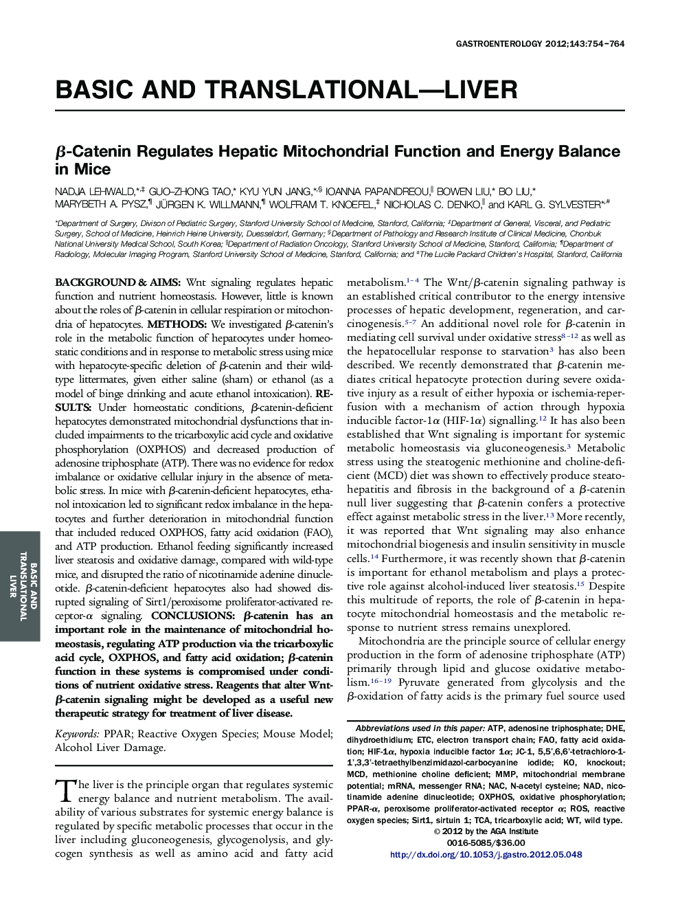 β-Catenin Regulates Hepatic Mitochondrial Function and Energy Balance in Mice 