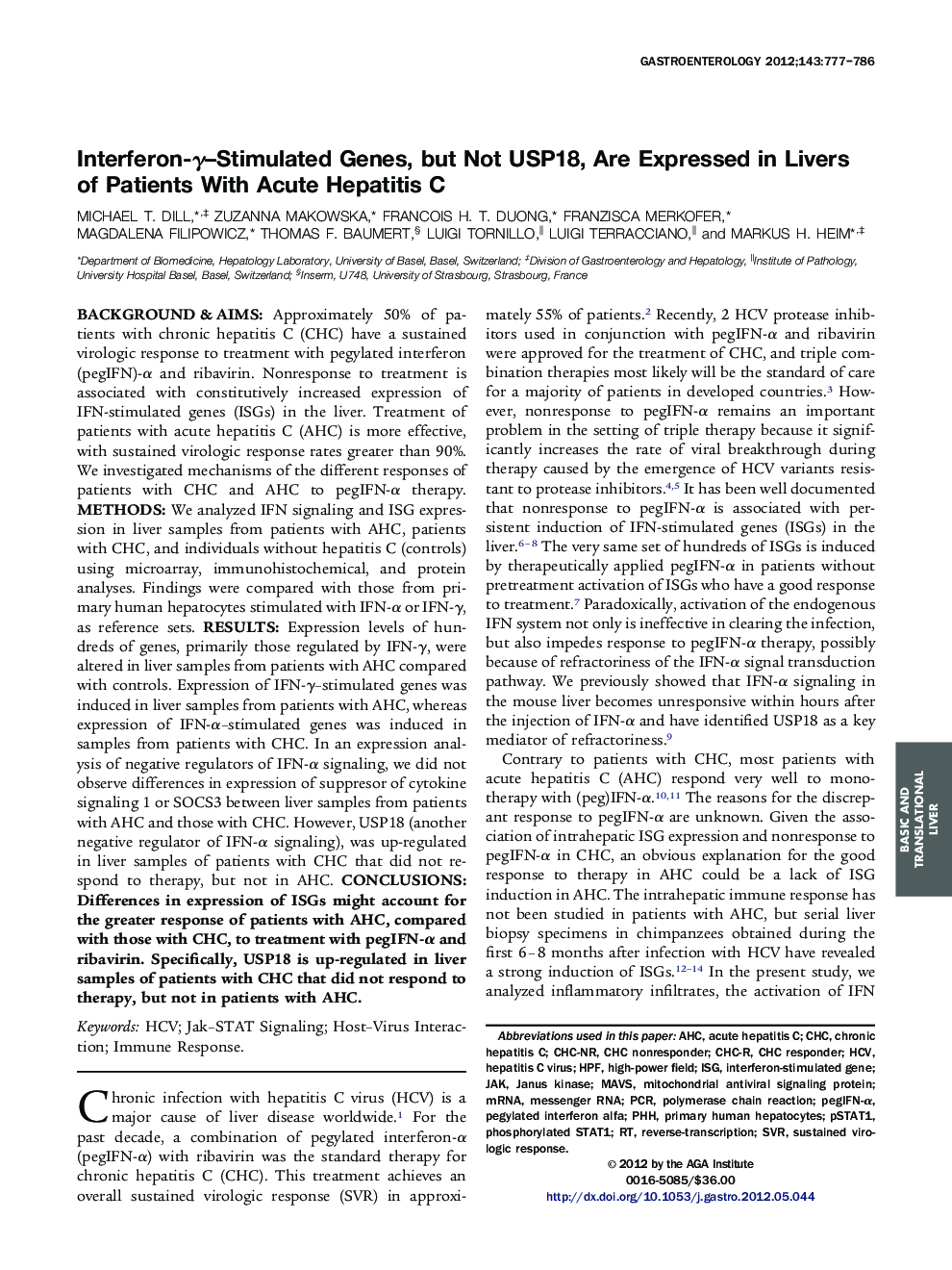 Interferon-Î³-Stimulated Genes, but Not USP18, Are Expressed in Livers of Patients With Acute Hepatitis C