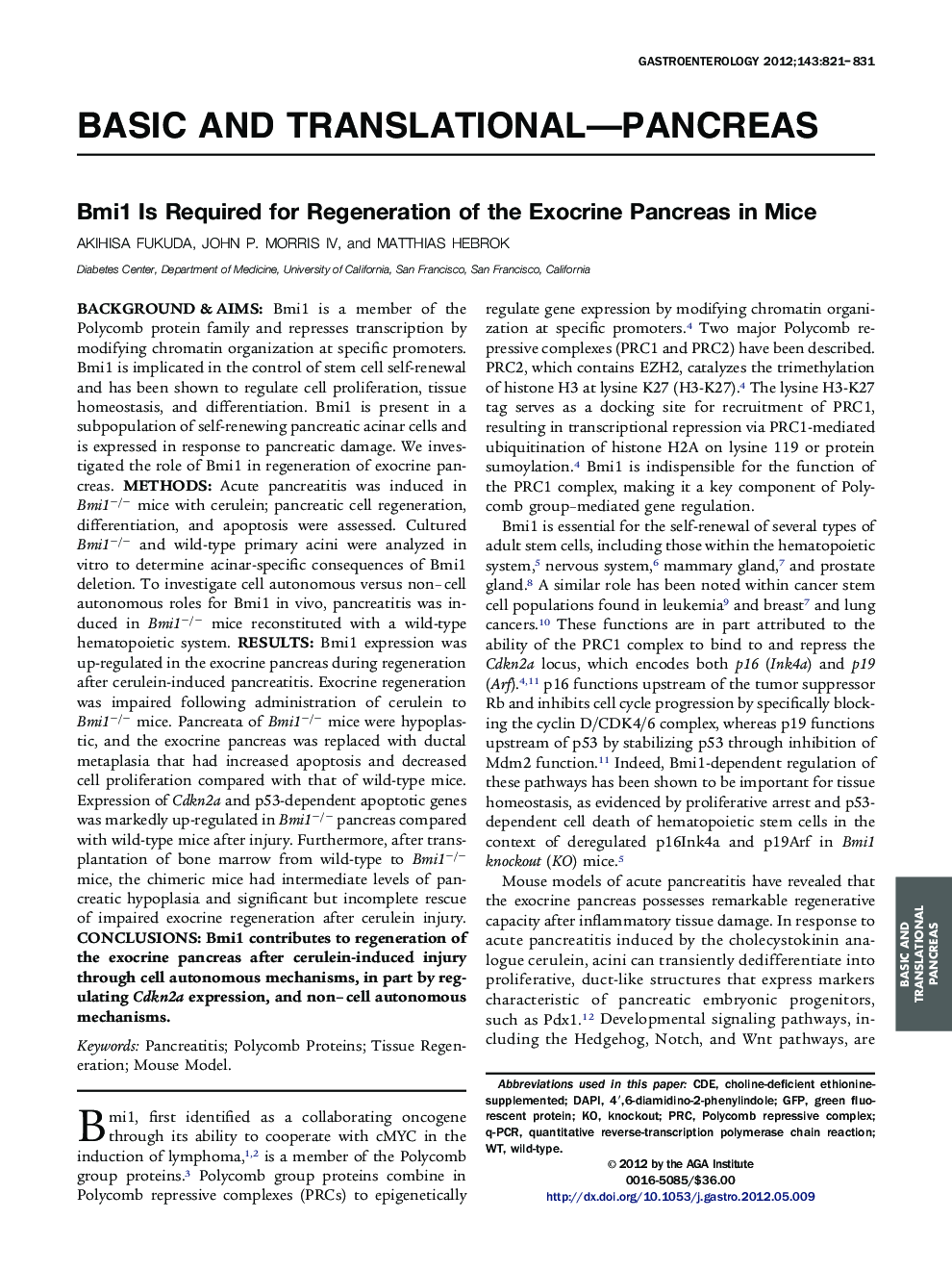 Bmi1 Is Required for Regeneration of the Exocrine Pancreas in Mice