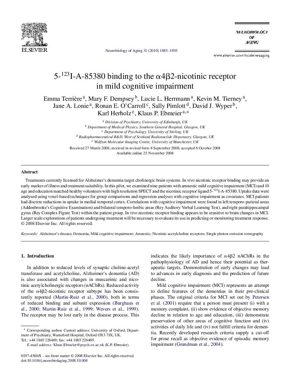 5-123I-A-85380 binding to the α4β2-nicotinic receptor in mild cognitive impairment