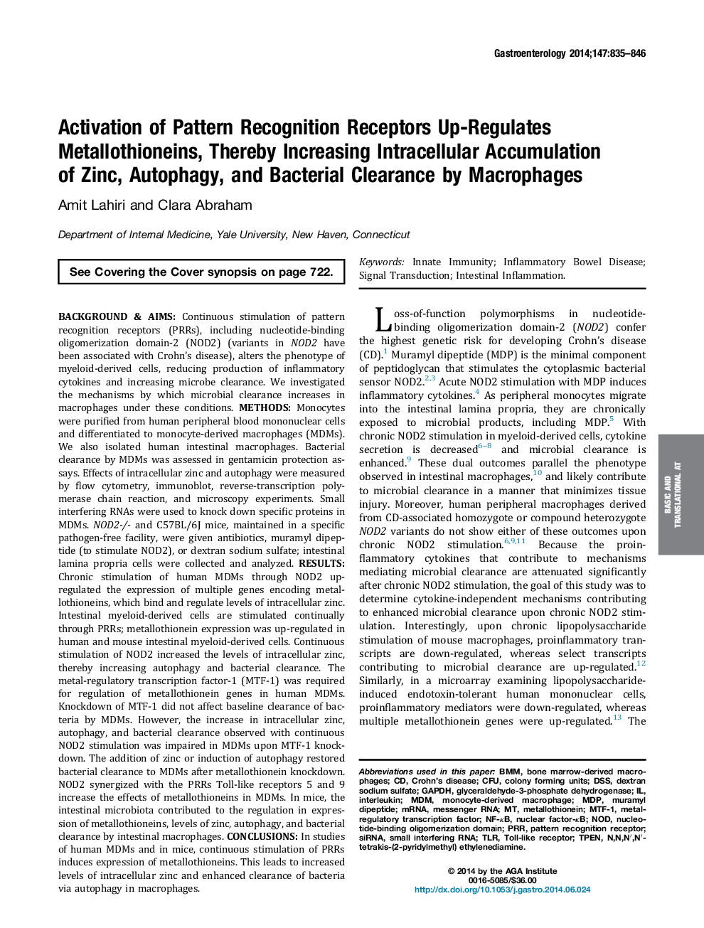 Activation of Pattern Recognition Receptors Up-Regulates Metallothioneins, Thereby Increasing Intracellular Accumulation of Zinc, Autophagy, and Bacterial Clearance by Macrophages 