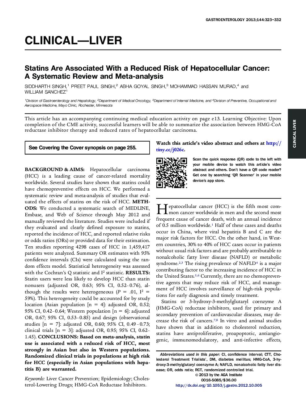 Statins Are Associated With a Reduced Risk of Hepatocellular Cancer: A Systematic Review and Meta-analysis 