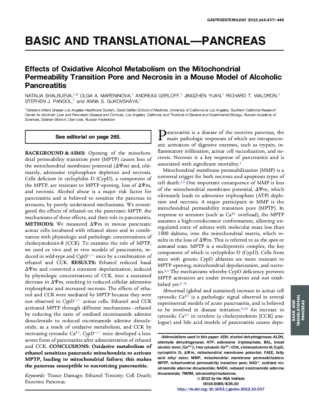 Effects of Oxidative Alcohol Metabolism on the Mitochondrial Permeability Transition Pore and Necrosis in a Mouse Model of Alcoholic Pancreatitis