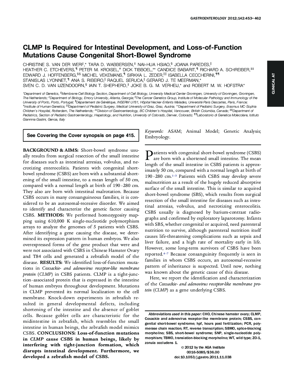 CLMP Is Required for Intestinal Development, and Loss-of-Function Mutations Cause Congenital Short-Bowel Syndrome