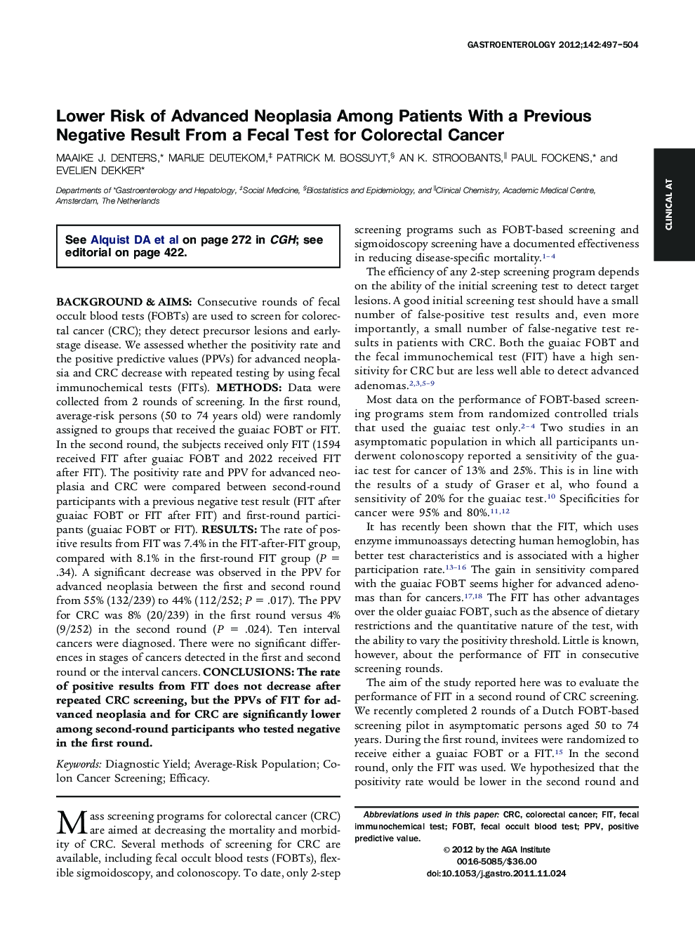 Lower Risk of Advanced Neoplasia Among Patients With a Previous Negative Result From a Fecal Test for Colorectal Cancer 