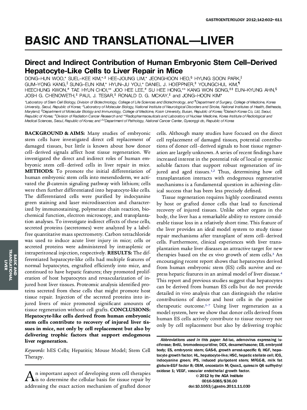 Direct and Indirect Contribution of Human Embryonic Stem Cell–Derived Hepatocyte-Like Cells to Liver Repair in Mice 