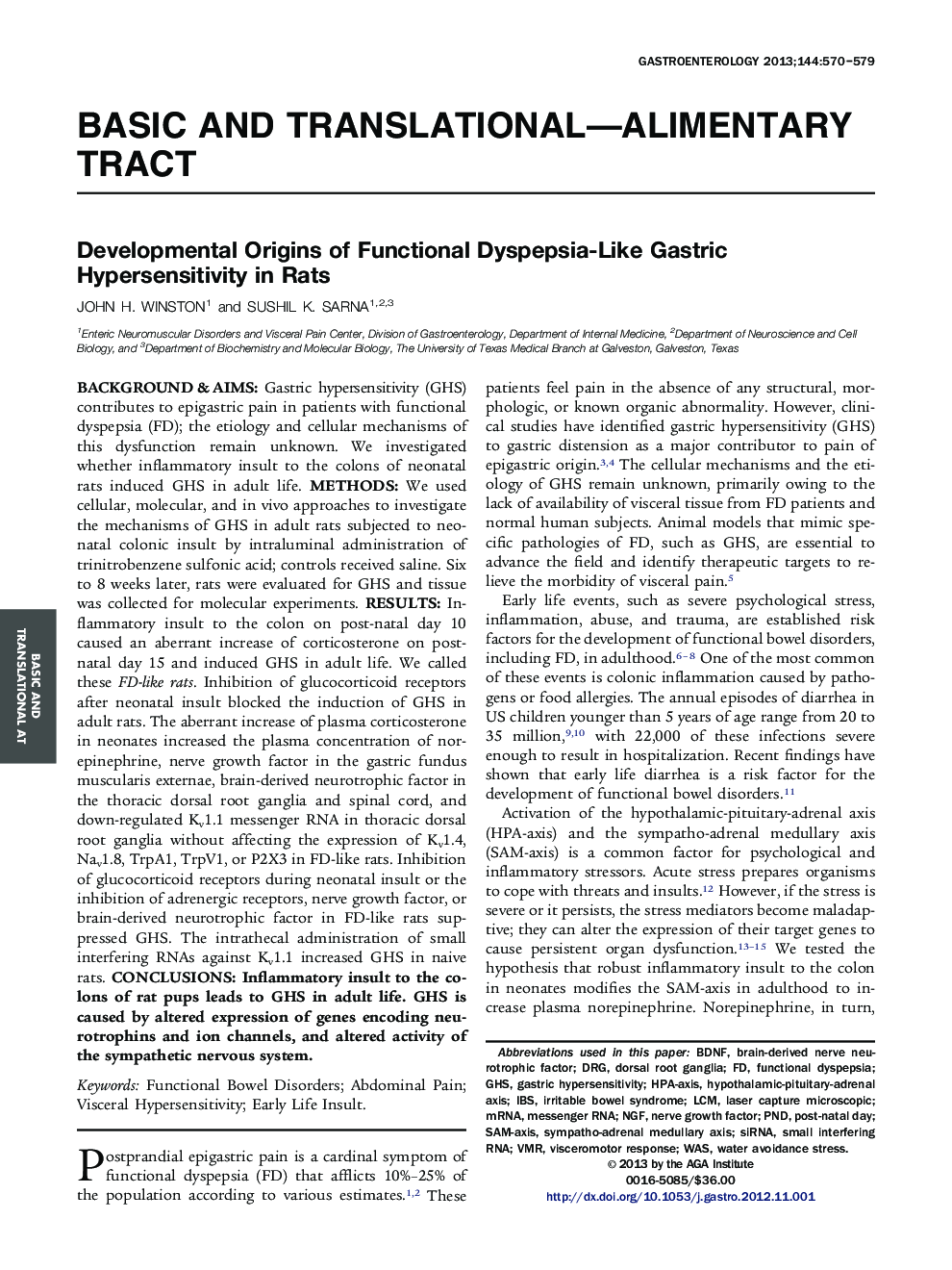 Developmental Origins of Functional Dyspepsia-Like Gastric Hypersensitivity in Rats