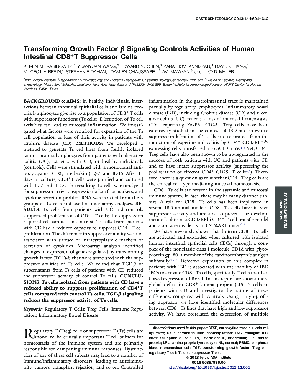 Transforming Growth Factor Î² Signaling Controls Activities of Human Intestinal CD8+T Suppressor Cells