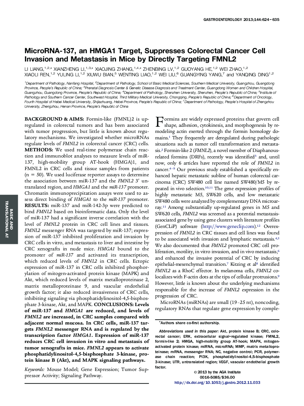 MicroRNA-137, an HMGA1 Target, Suppresses Colorectal Cancer Cell Invasion and Metastasis in Mice by Directly Targeting FMNL2